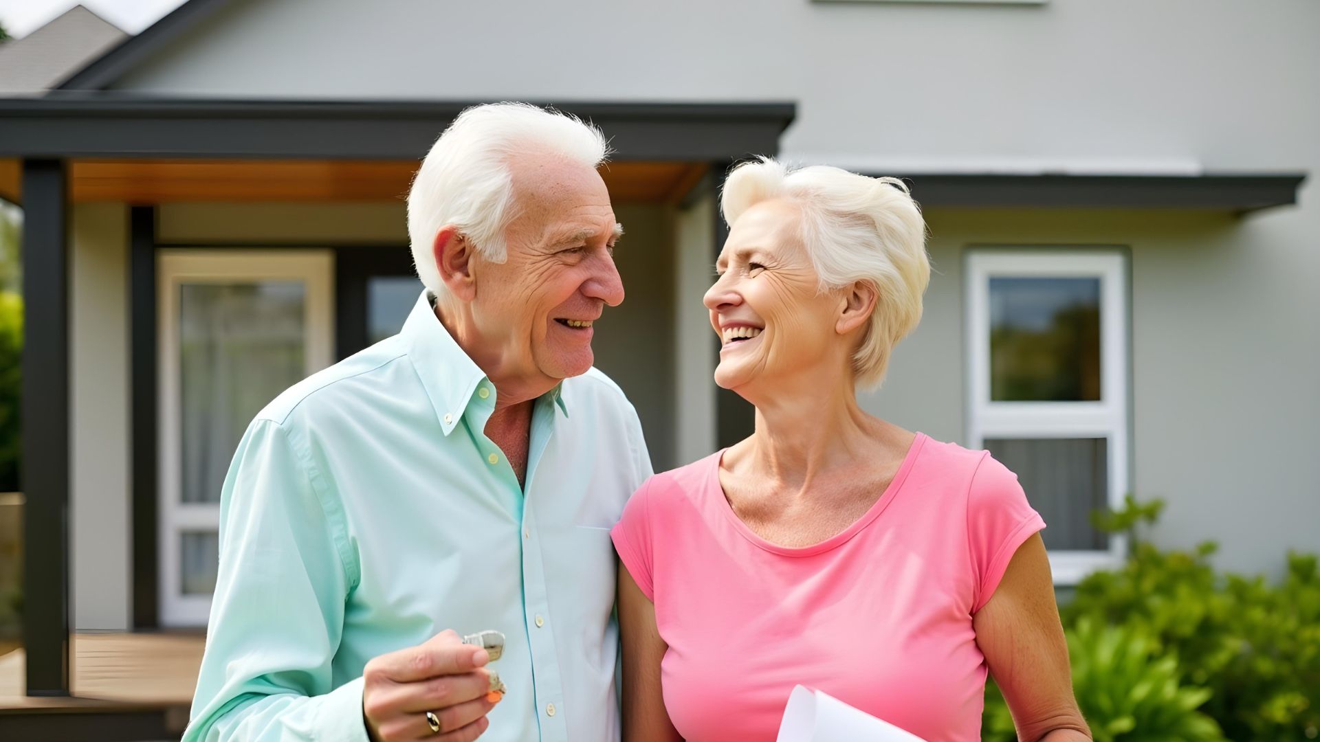 A couple standing outside of their home after successfully discussing mortgages for over 55s