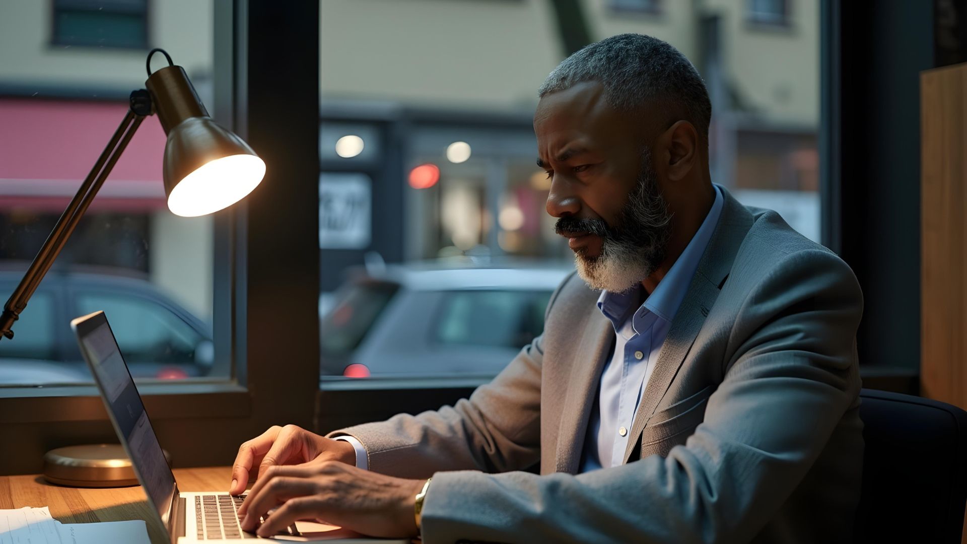 A landlord sitting in a cafe at his laptop looking at portfolio mortgages for his business with a busy street in the background