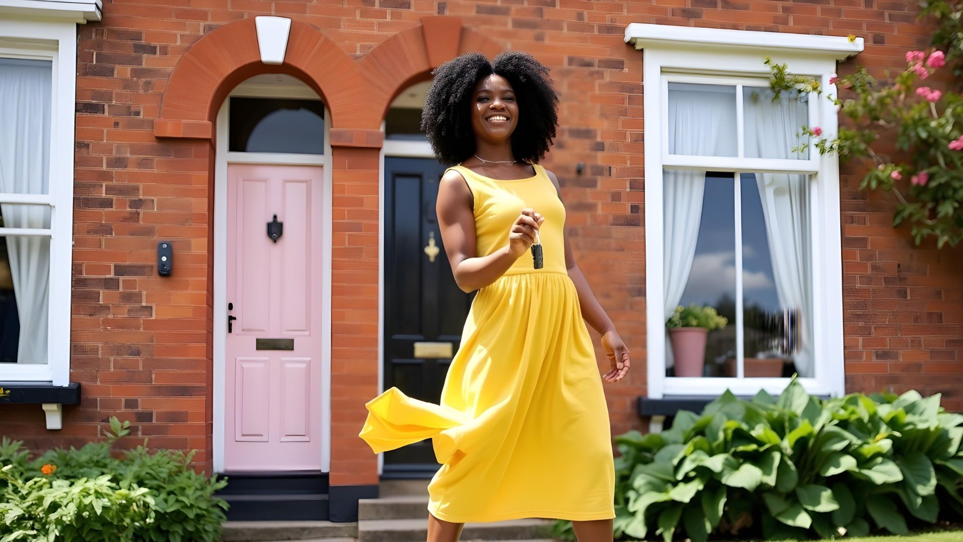 A young black woman in a yellow dress dancing outside of her home after a successful remortgage