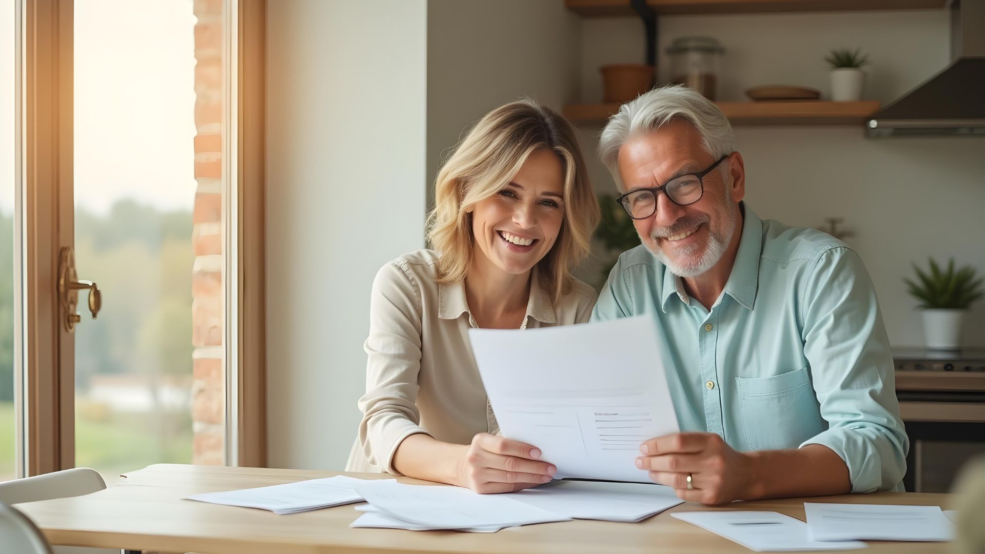 A couple holding paperwork after discussions with their remortgage broker