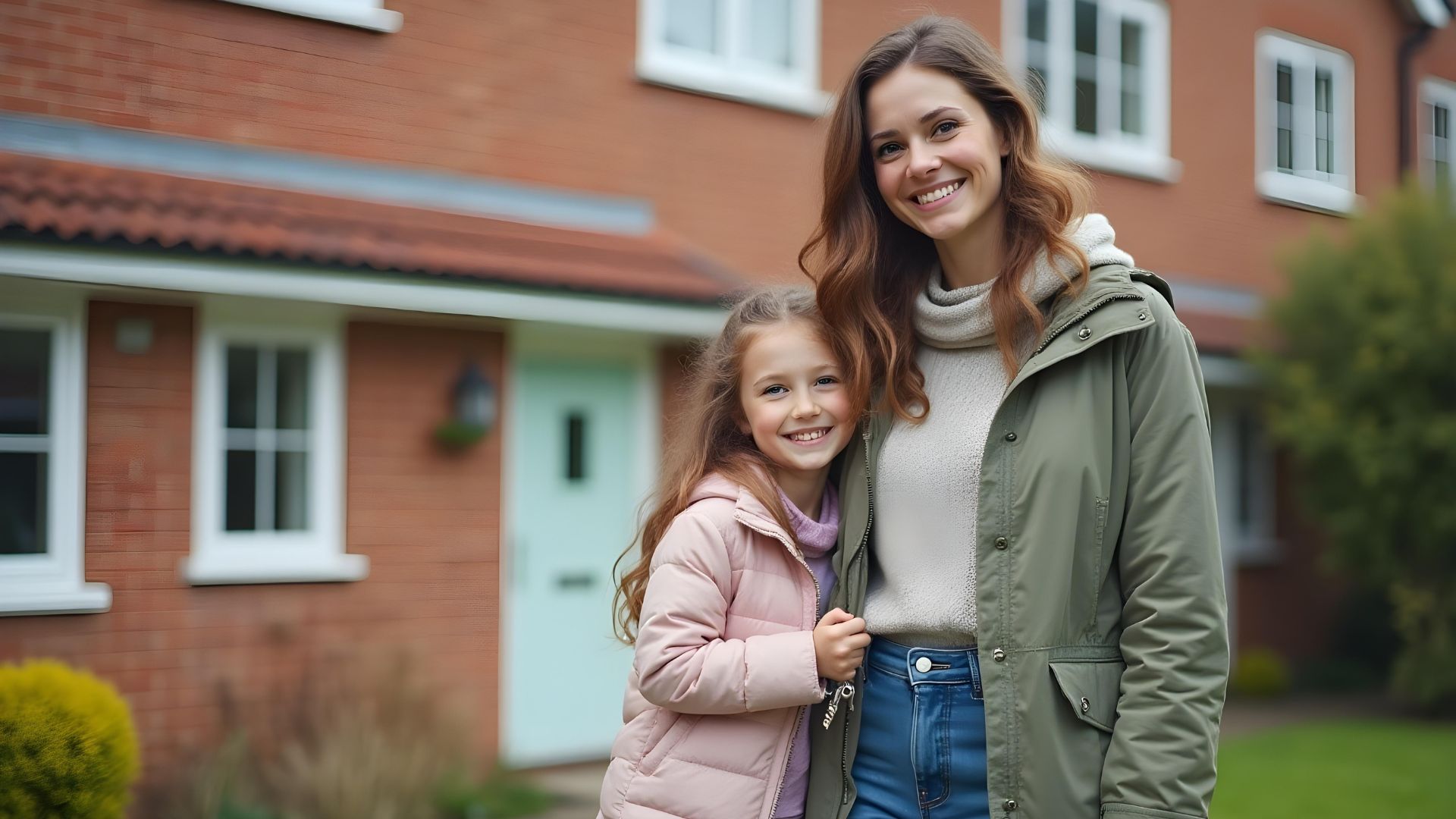 A mother and child standing outside of their new home after speaking with a right to buy mortgage broker