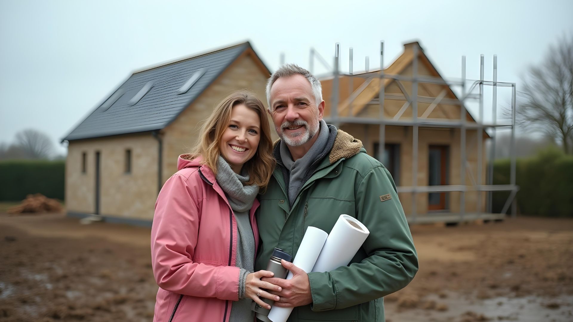 A couple standing outside of their partially built home after being successful for a self-build mortgage