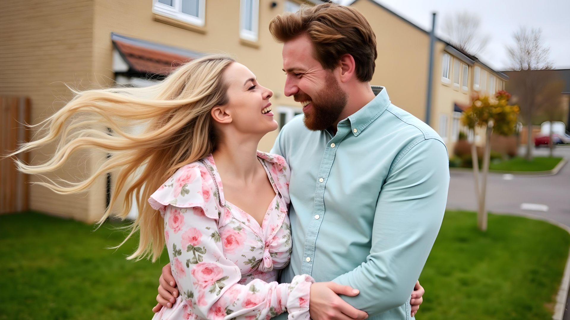 A couple hugging outside of their new build home after being successful for a shared ownership mortgage