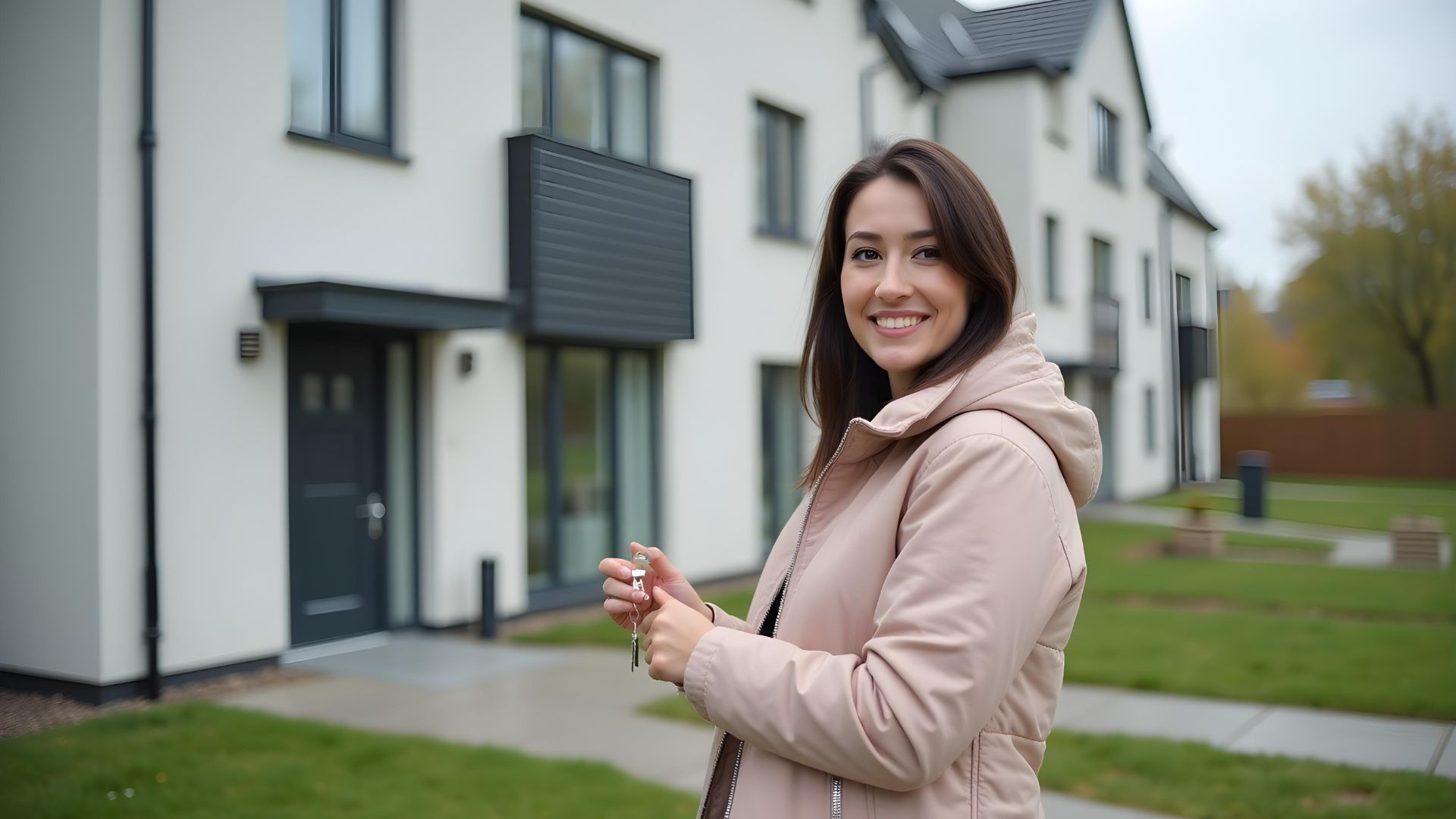 A young woman with dark hair, wearing a light pink coat standing outside her new property after securing a mortgage through a Shared Ownership mortgage broker