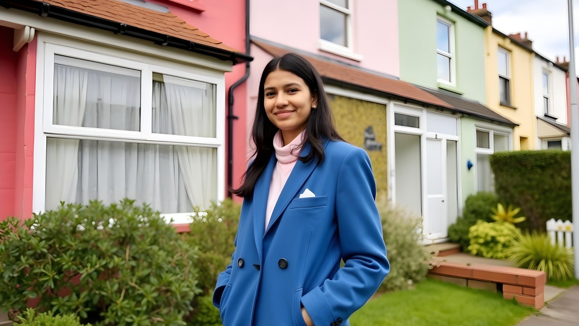A young woman standing outside a home seeking a skilled worker visa mortgage